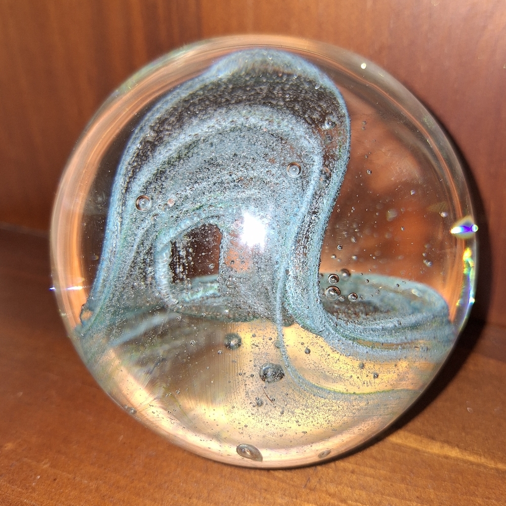 Bubble Glass Paper Weight Hand Made Blown Magic Teal Aqua Green Tinted Pearl